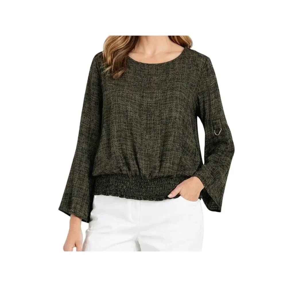 Michael Kors Top Womens Size M Olive Green Black Long Sleeve Satin Elastic Hem